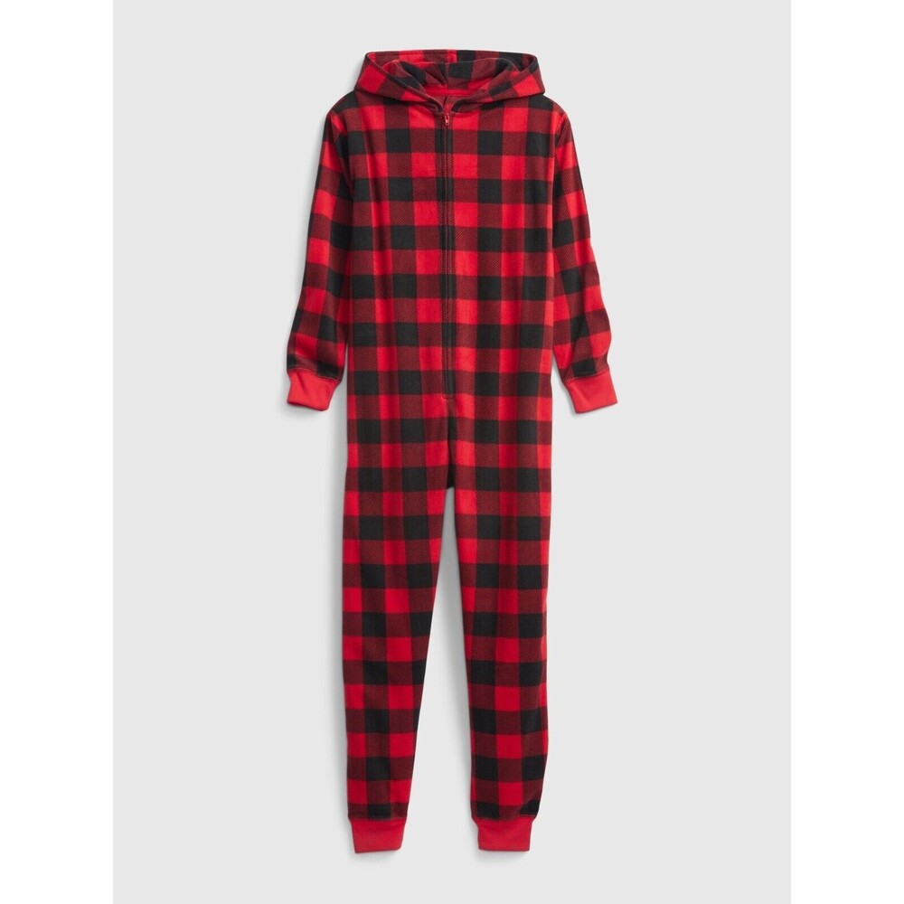 Gap Kids Unisex Red & Black Buffalo Plaid Fleece Sleeper Pajama w Hood Size 6